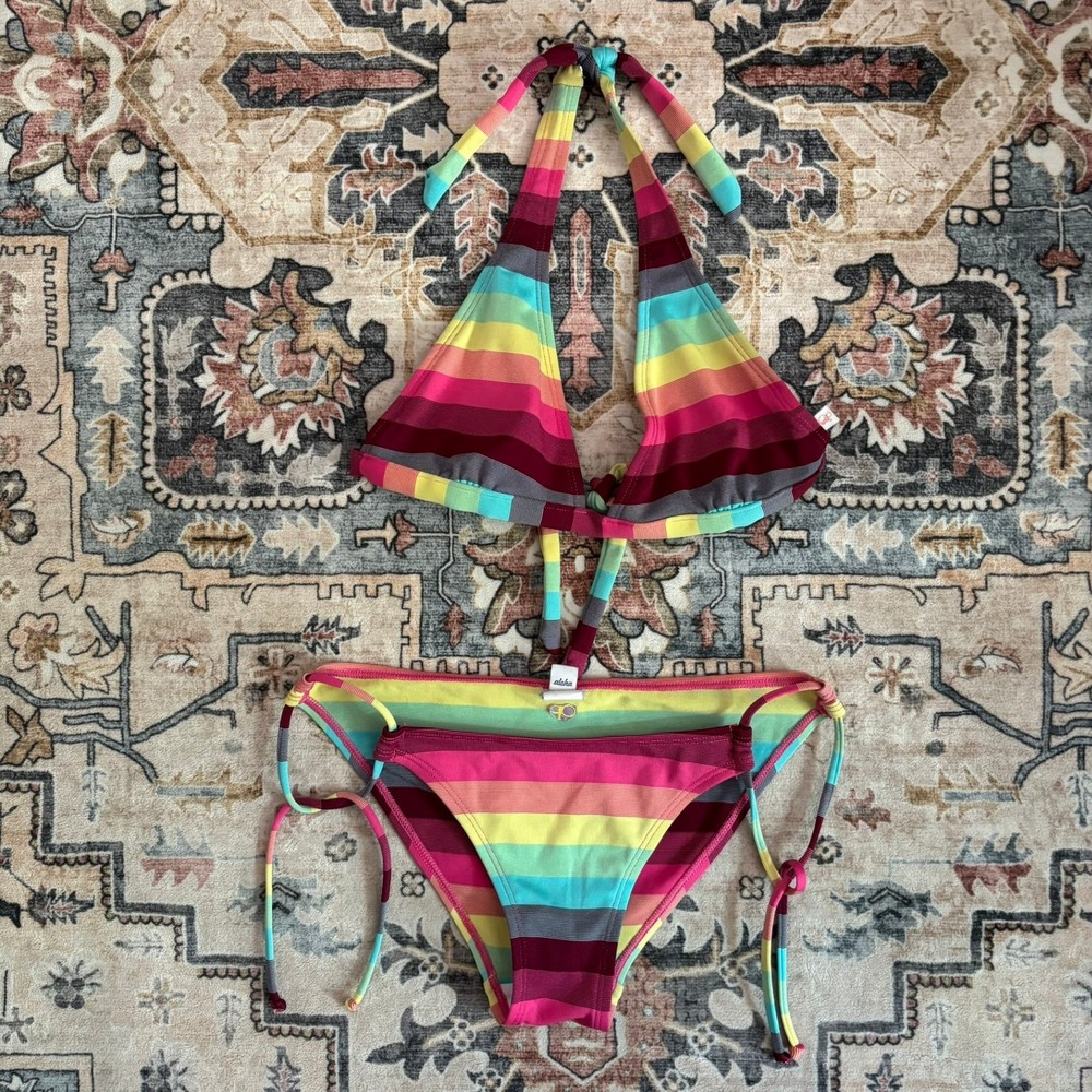 Vintage Ocean Pacific OP Rainbow Stripe Triangle Halter Bikini Set Y2K Medium